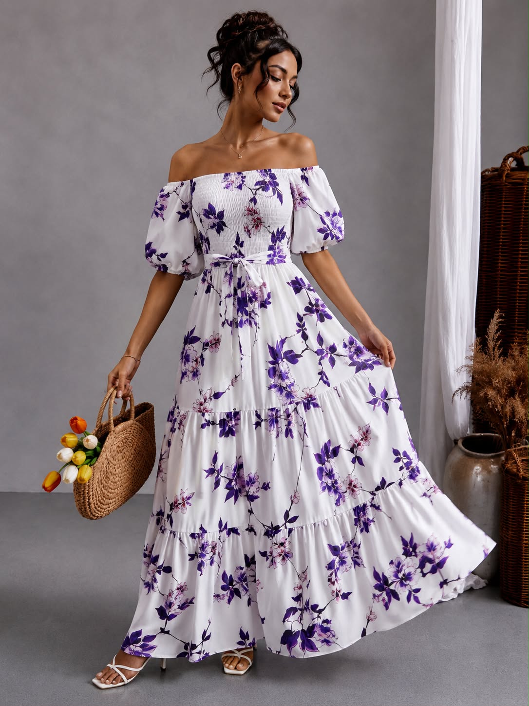 Floral Off-Shoulder Maxi - Purple Floral