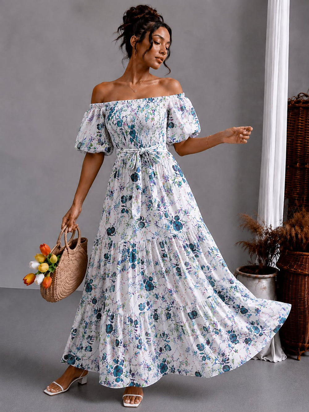 Floral Off-Shoulder Maxi - Blue Floral