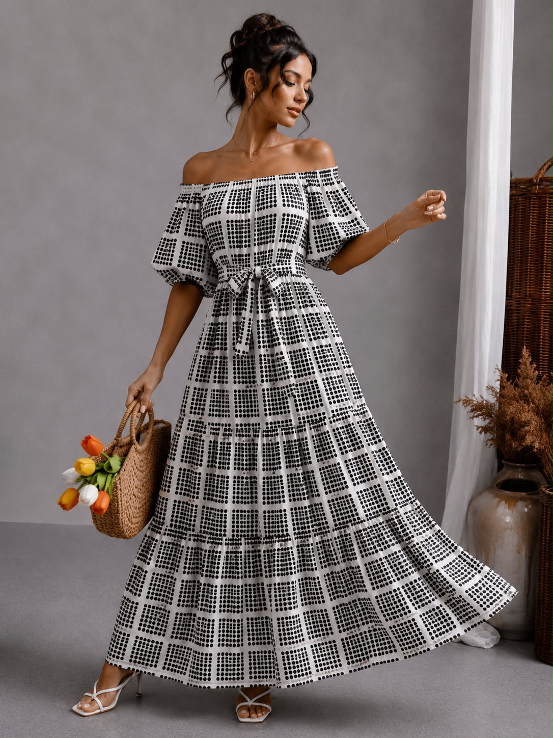 Off-Shoulder Smocked Maxi - Navy Check