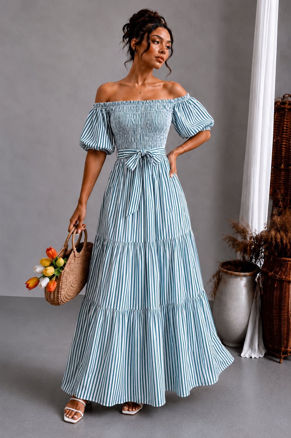 Off-Shoulder Smocked Maxi - Mint Stripe