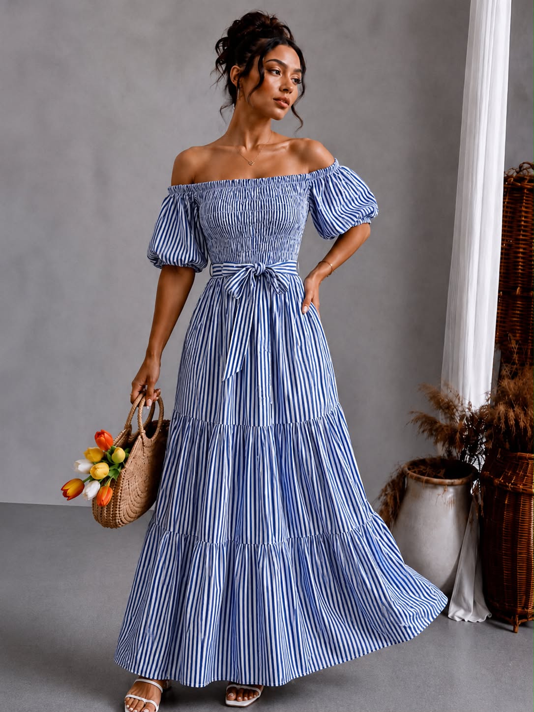Off-Shoulder Smocked Maxi - Blue Stripe