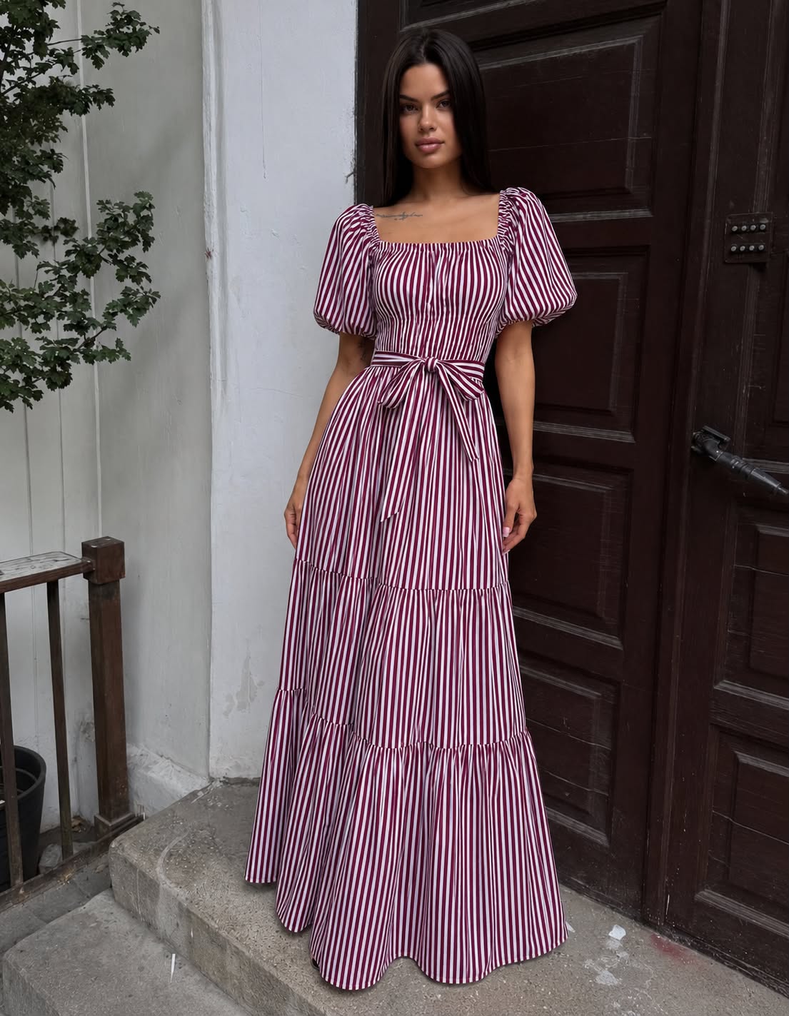 Puff-Sleeve Striped Maxi - Sage Stripe
