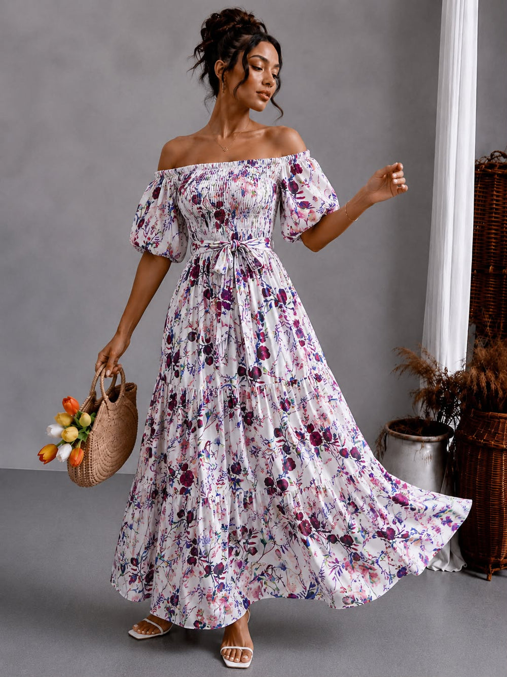 Floral Off-Shoulder Maxi - Wine Floral