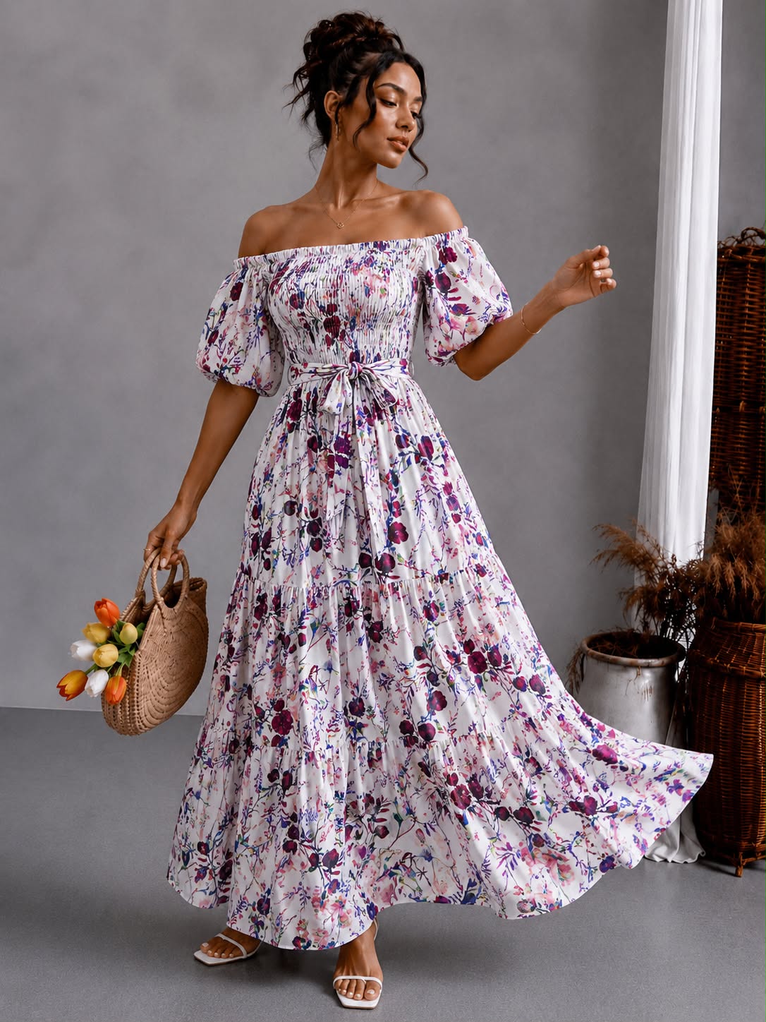 Floral Off-Shoulder Maxi - Wine Floral