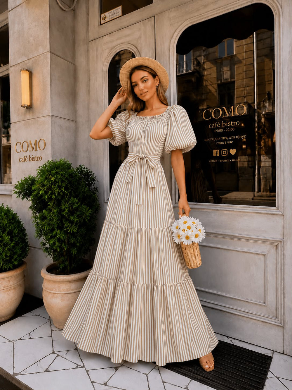Puff-Sleeve Striped Maxi - Blue Stripe