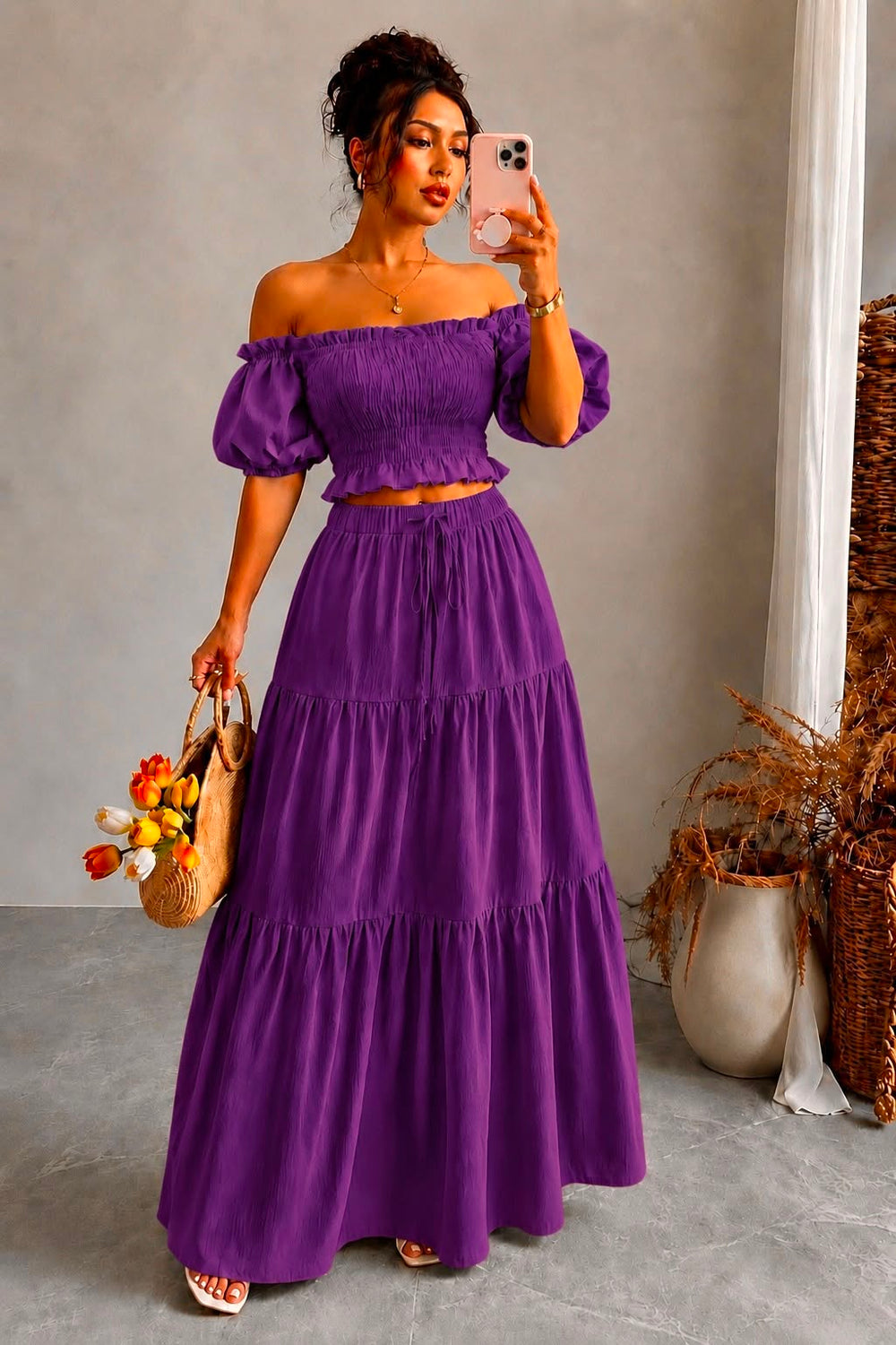 Off-Shoulder Shirred Maxi Two-Piece Set