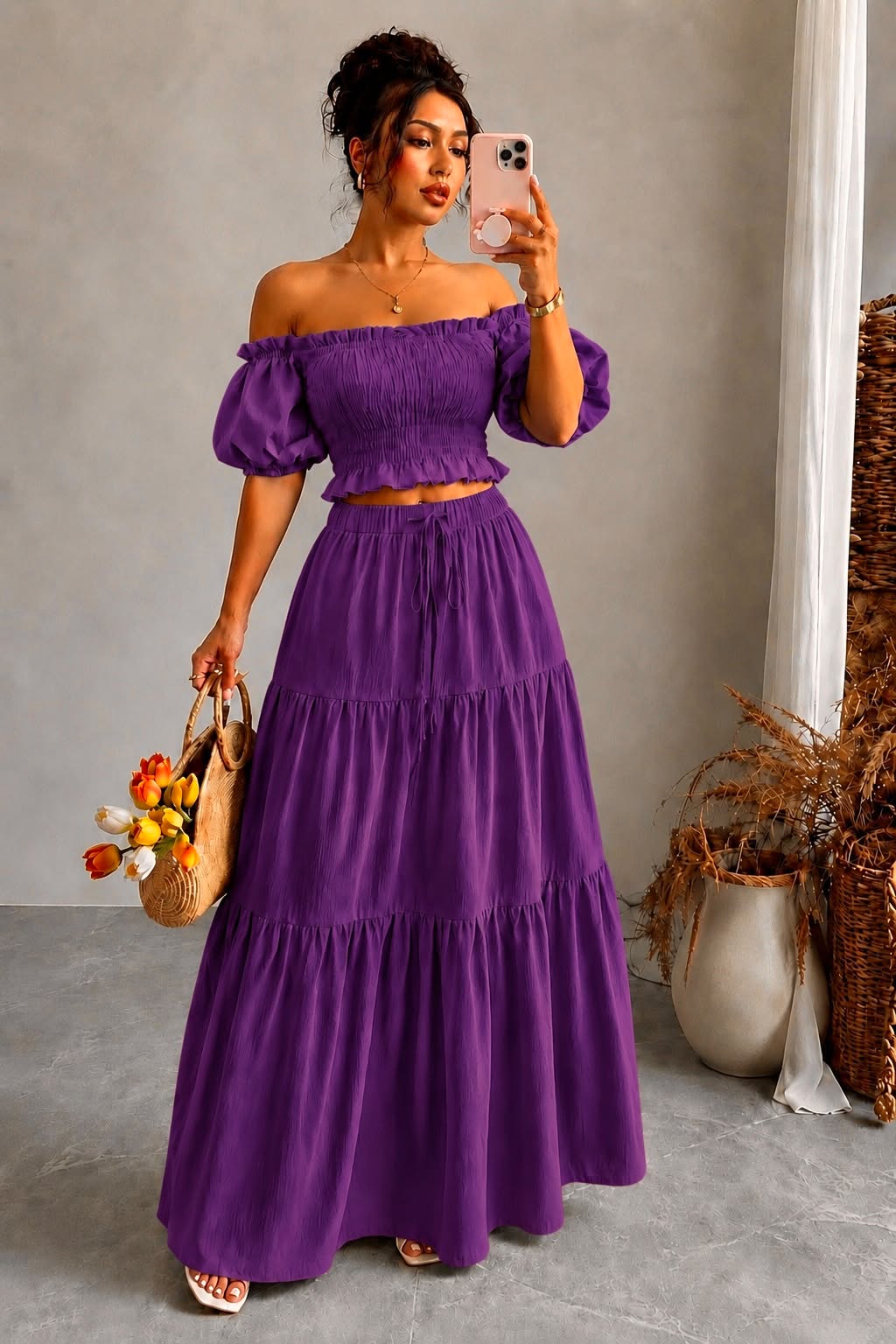 Off-Shoulder Shirred Maxi Two-Piece Set