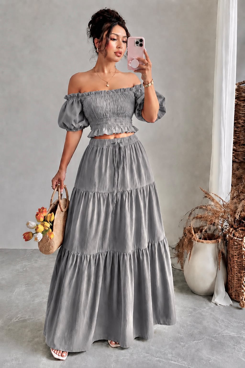 Off-Shoulder Shirred Maxi Two-Piece Set