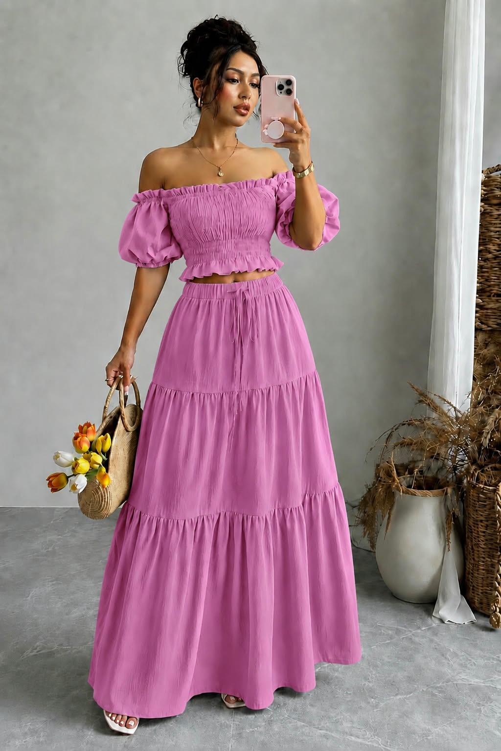 Off-Shoulder Shirred Maxi Two-Piece Set