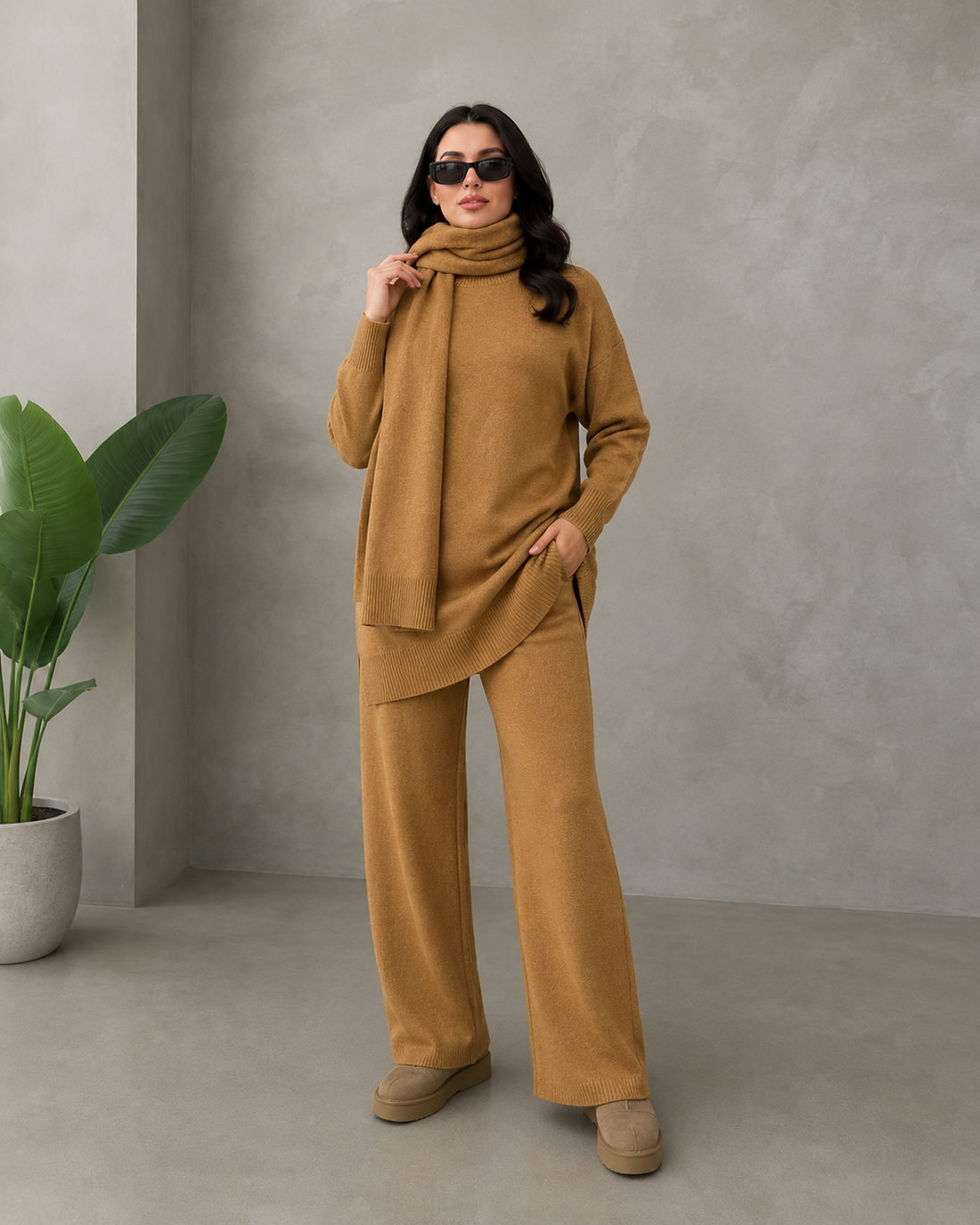 Aspen 3-Piece Knit Set — Sweater, Wide-Leg Pants & Scarf
