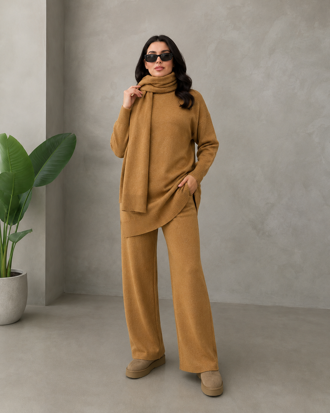 Aspen 3-Piece Knit Set — Sweater, Wide-Leg Pants & Scarf