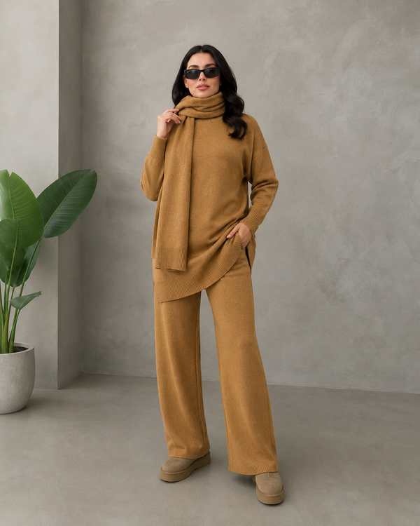 Aspen 3-Piece Knit Set — Sweater, Wide-Leg Pants & Scarf