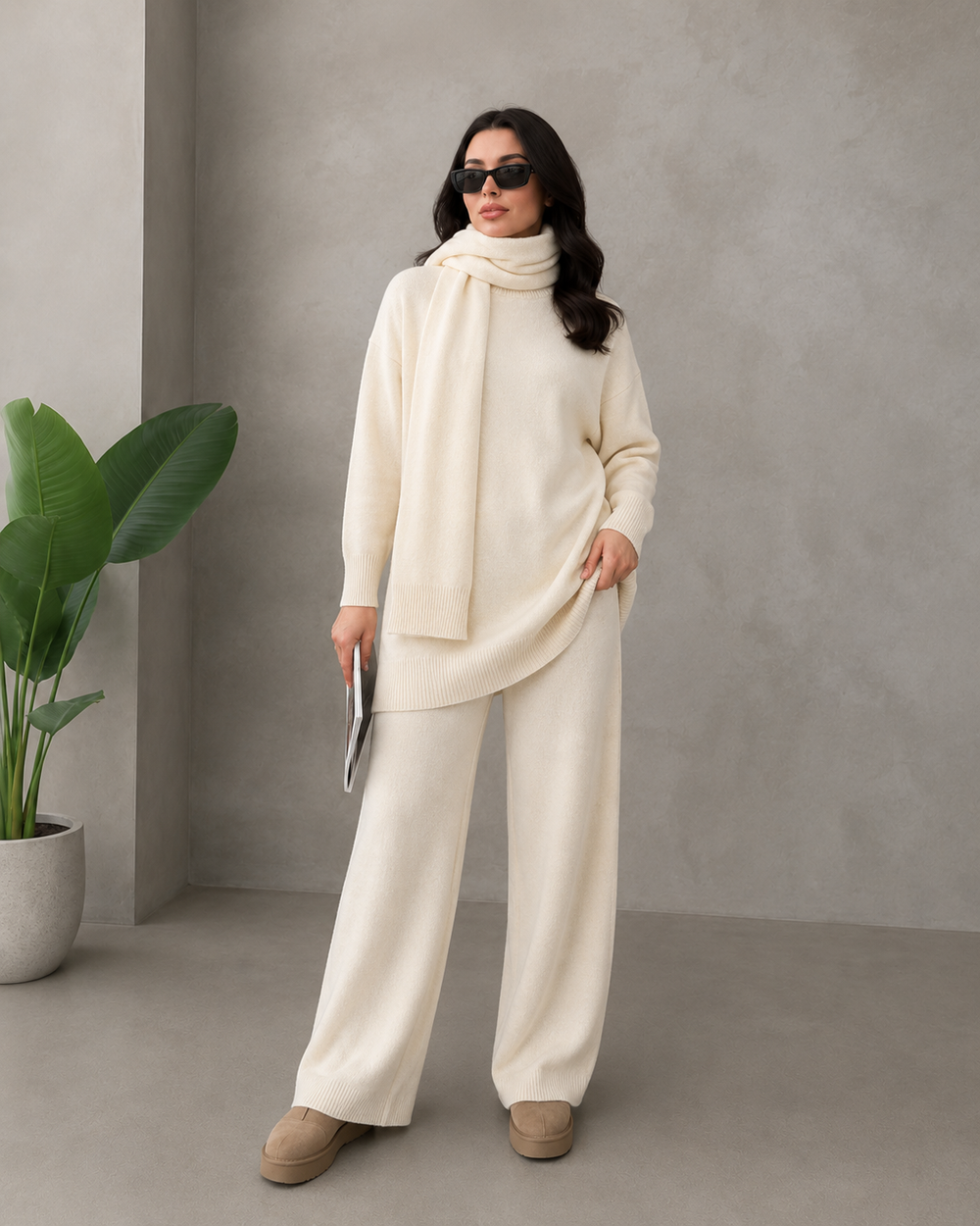 Aspen 3-Piece Knit Set — Sweater, Wide-Leg Pants & Scarf