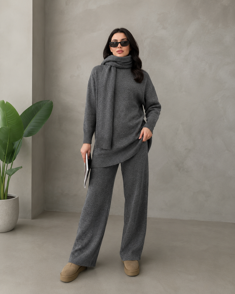 Aspen 3-Piece Knit Set — Sweater, Wide-Leg Pants & Scarf