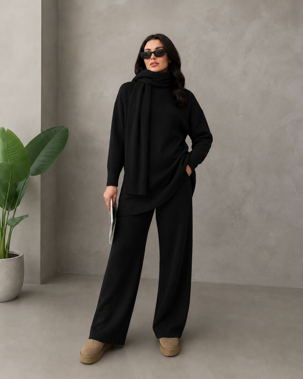 Aspen 3-Piece Knit Set — Sweater, Wide-Leg Pants & Scarf