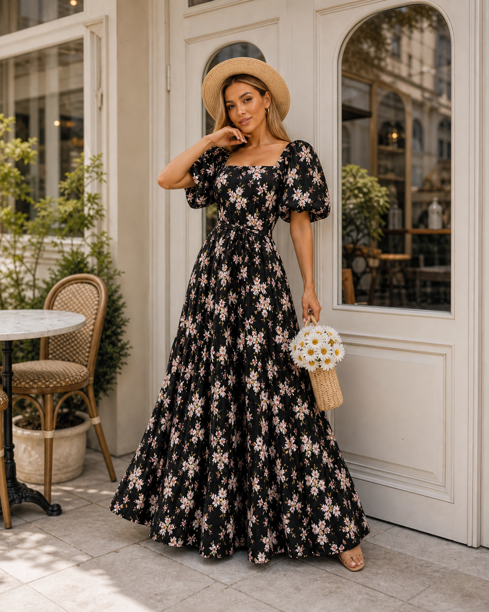 Black floral puff sleeve tiered maxi dress
