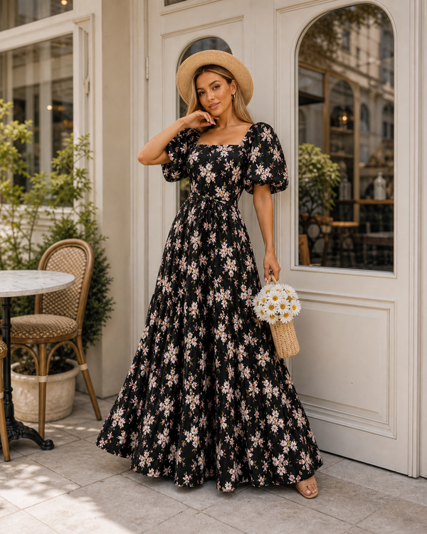 Black floral puff sleeve tiered maxi dress