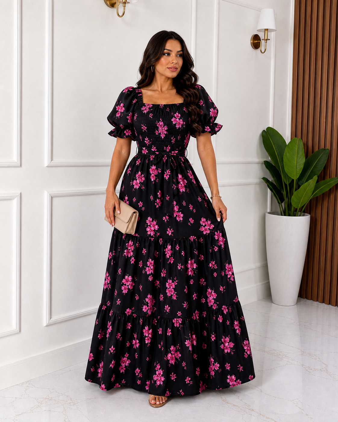 Black pink floral puff sleeve maxi dress alternate view