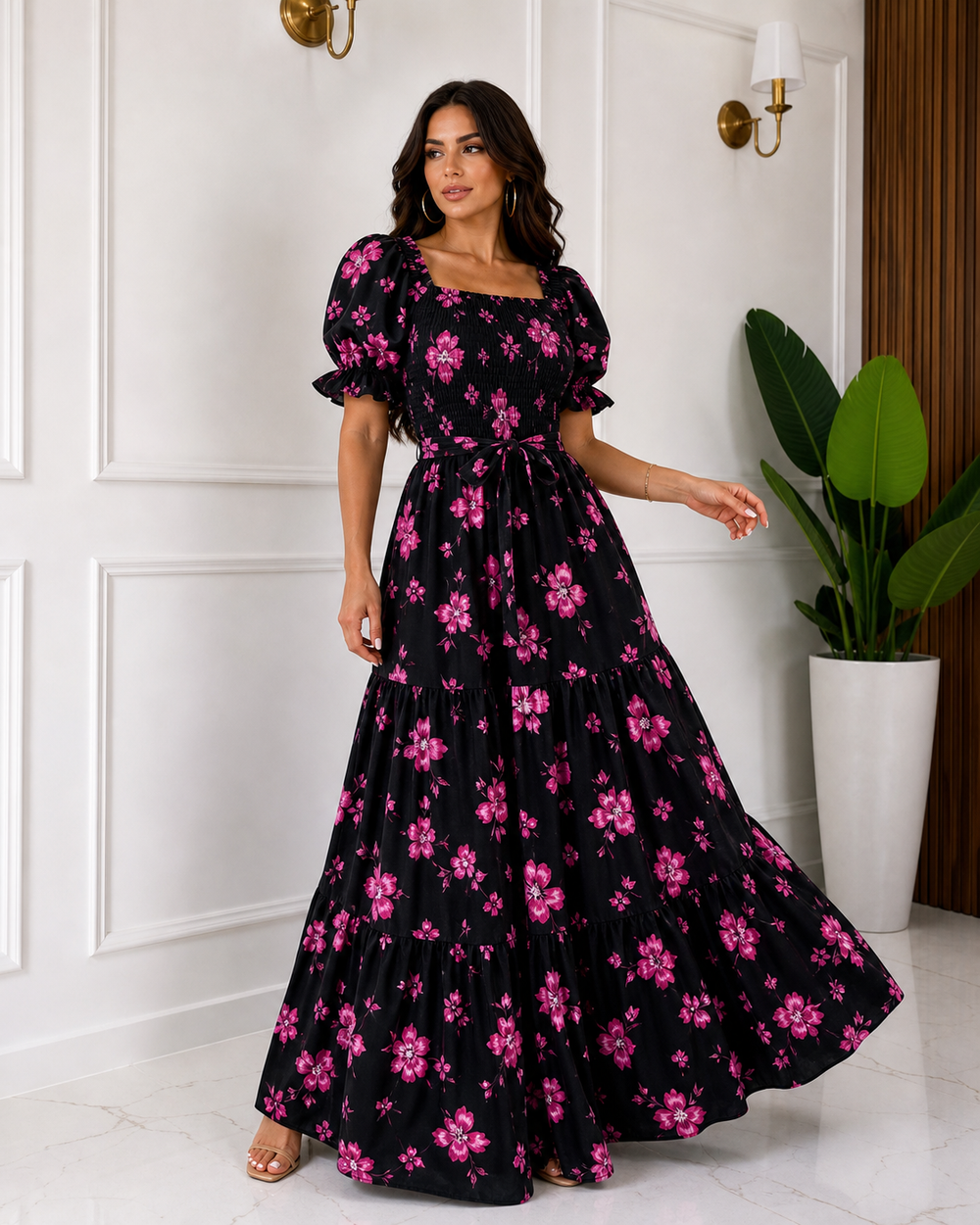 Black pink floral puff sleeve maxi dress