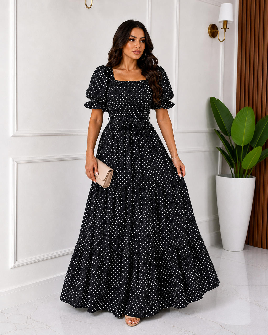 Black polka dot puff sleeve maxi dress