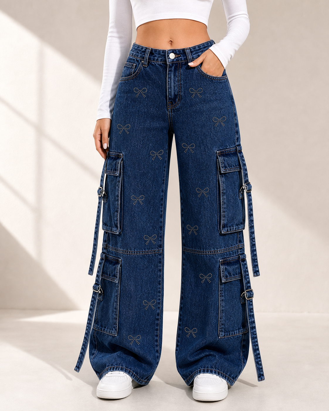 Bow Detail Wide-Leg Jeans in dark blue