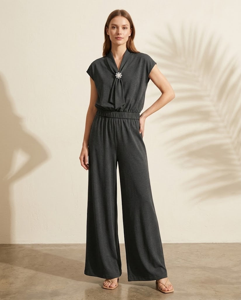Capri Brooch Tie-Neck Top & Wide-Leg Pants Set worn - Charcoal