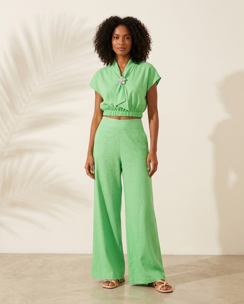 Capri Brooch Tie-Neck Top & Wide-Leg Pants Set worn - Green