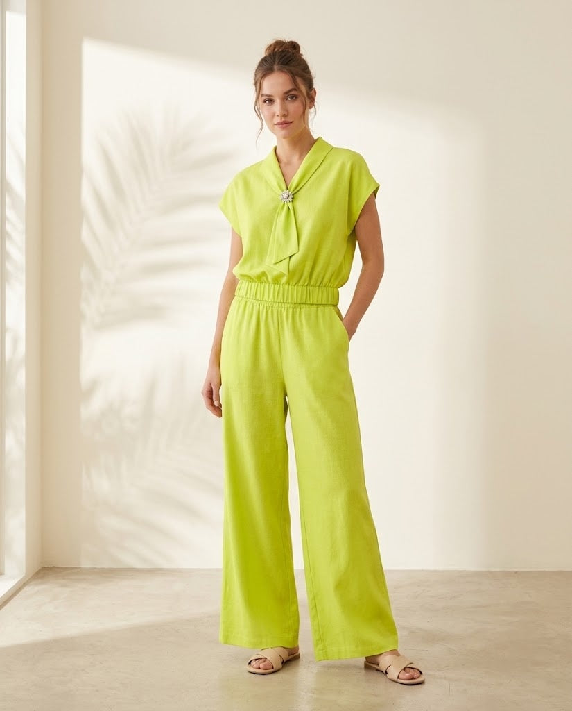 Capri Brooch Tie-Neck Top & Wide-Leg Pants Set worn - Lime