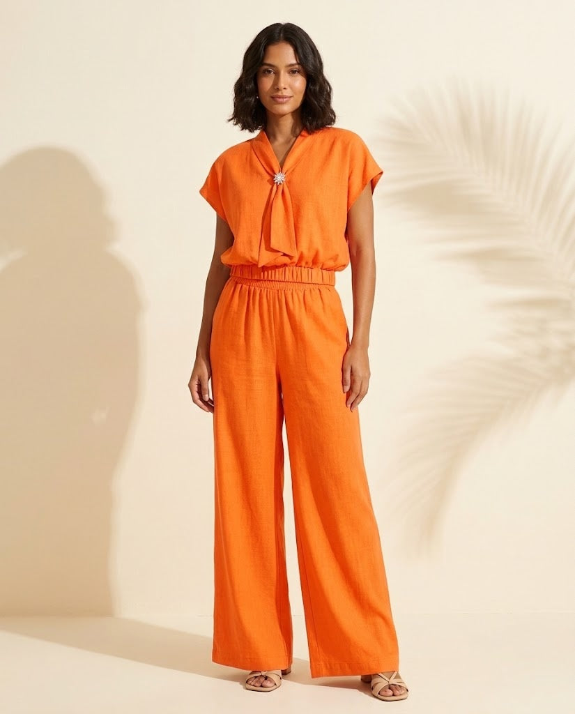 Capri Brooch Tie-Neck Top & Wide-Leg Pants Set worn - Orange