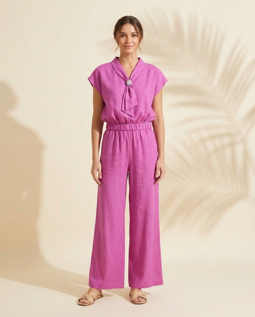 Capri Brooch Tie-Neck Top & Wide-Leg Pants Set worn - Orchid