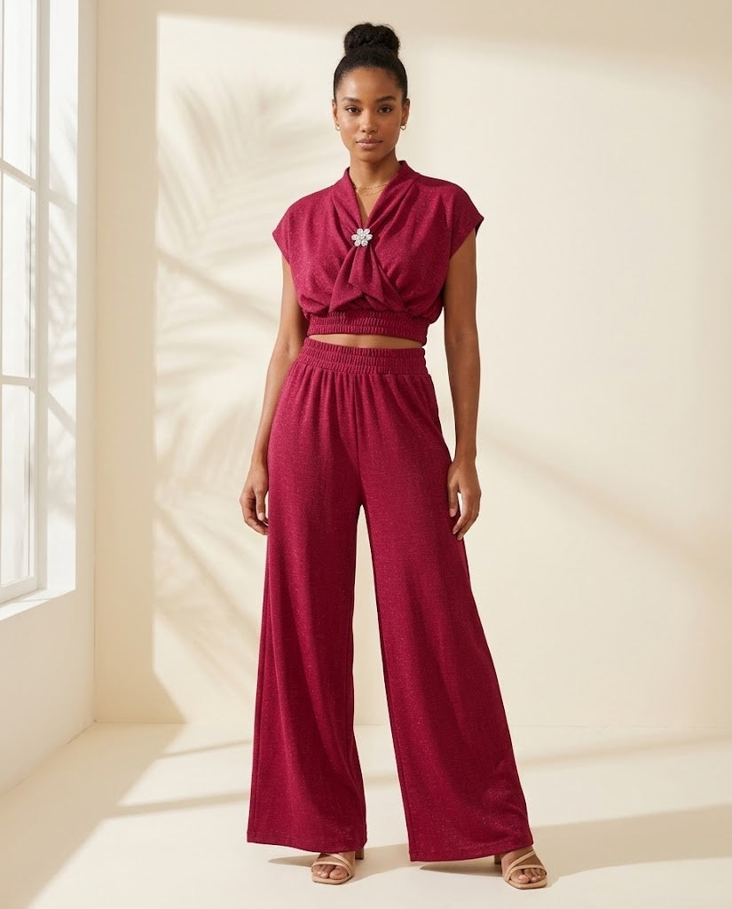 Capri Brooch Tie-Neck Top & Wide-Leg Pants Set worn - Wine
