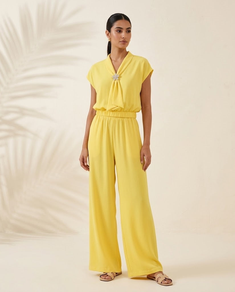 Capri Brooch Tie-Neck Top & Wide-Leg Pants Set worn - Yellow
