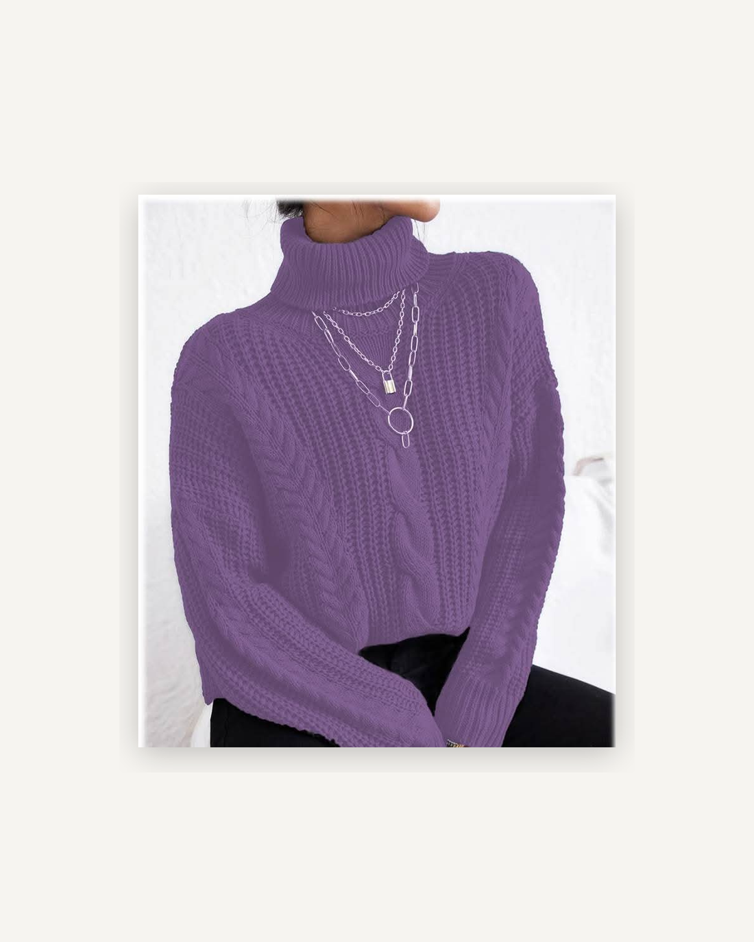 Women's chunky cable knit turtleneck in lavender