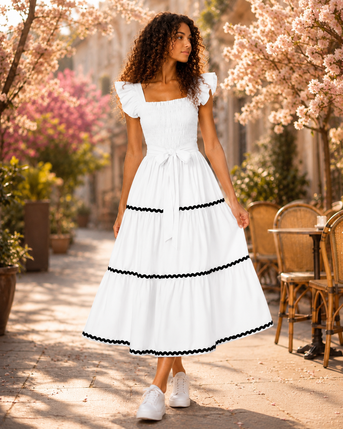 Colette Ruffle-Strap Tiered Midi Dress