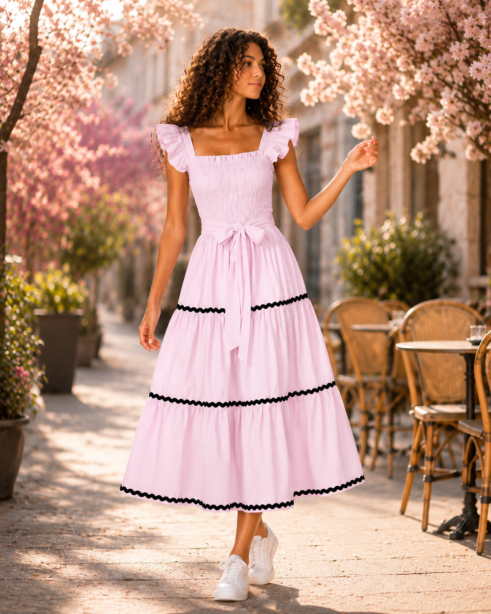 Colette Ruffle-Strap Tiered Midi Dress