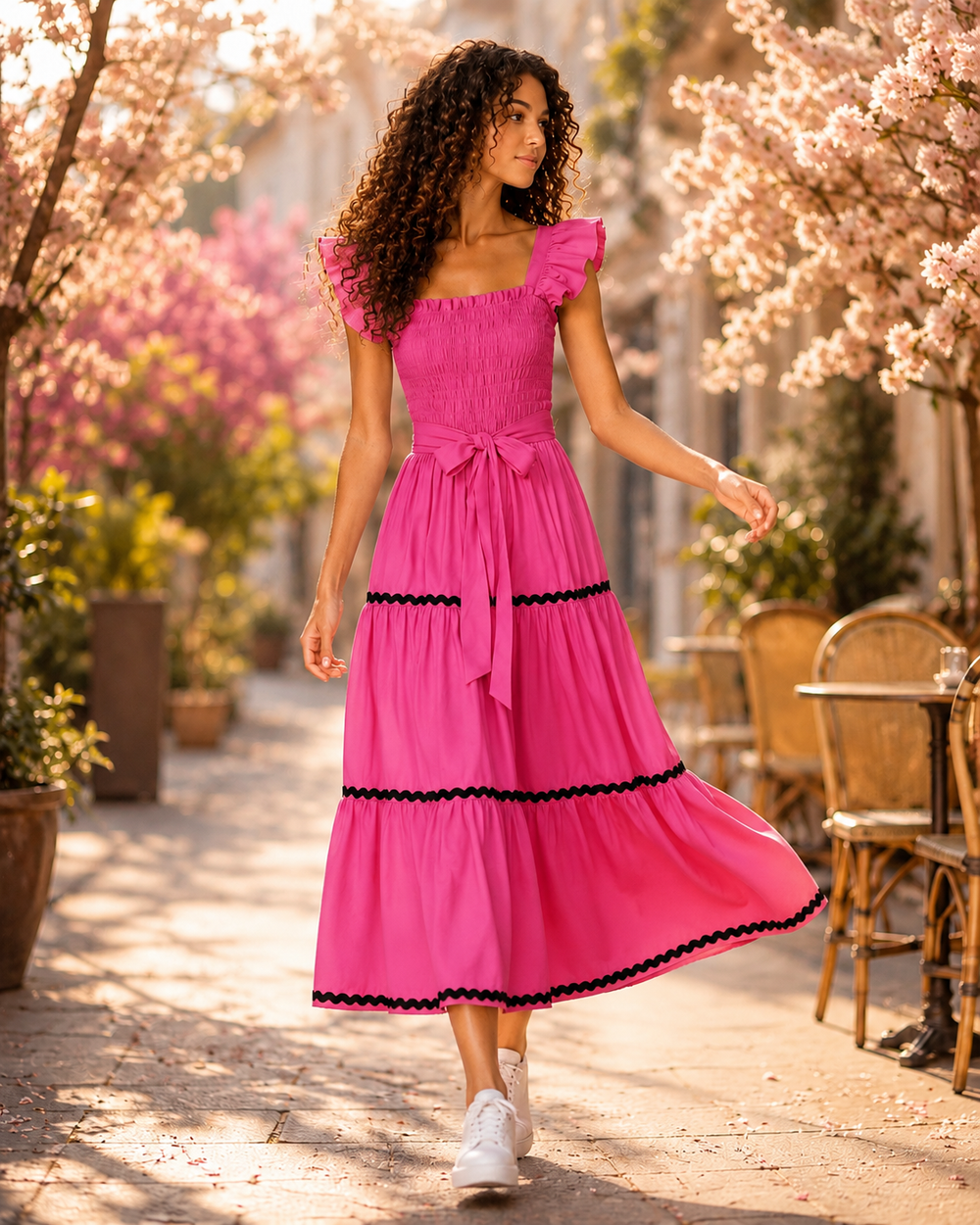 Colette Ruffle-Strap Tiered Midi Dress