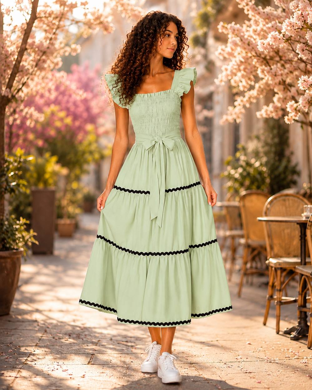 Colette Ruffle-Strap Tiered Midi Dress