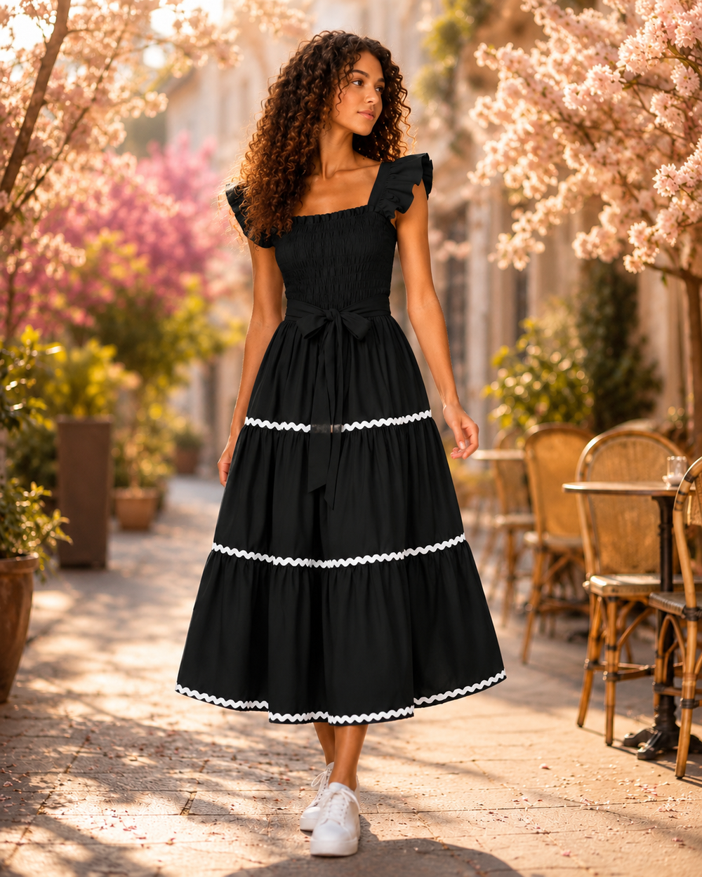 Colette Ruffle-Strap Tiered Midi Dress
