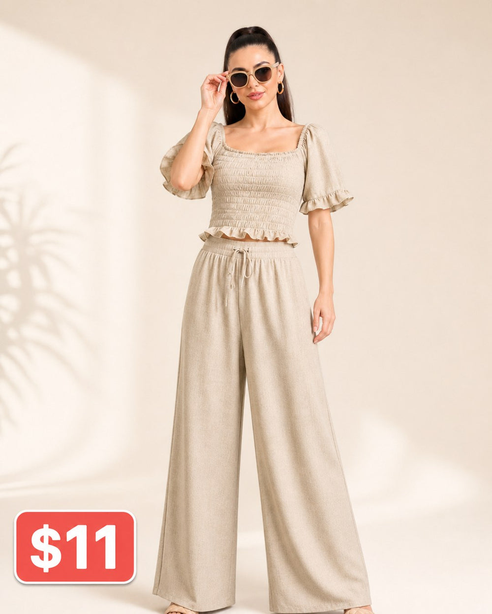 Smocked Puff-Sleeve Wide-Leg Pants Set
