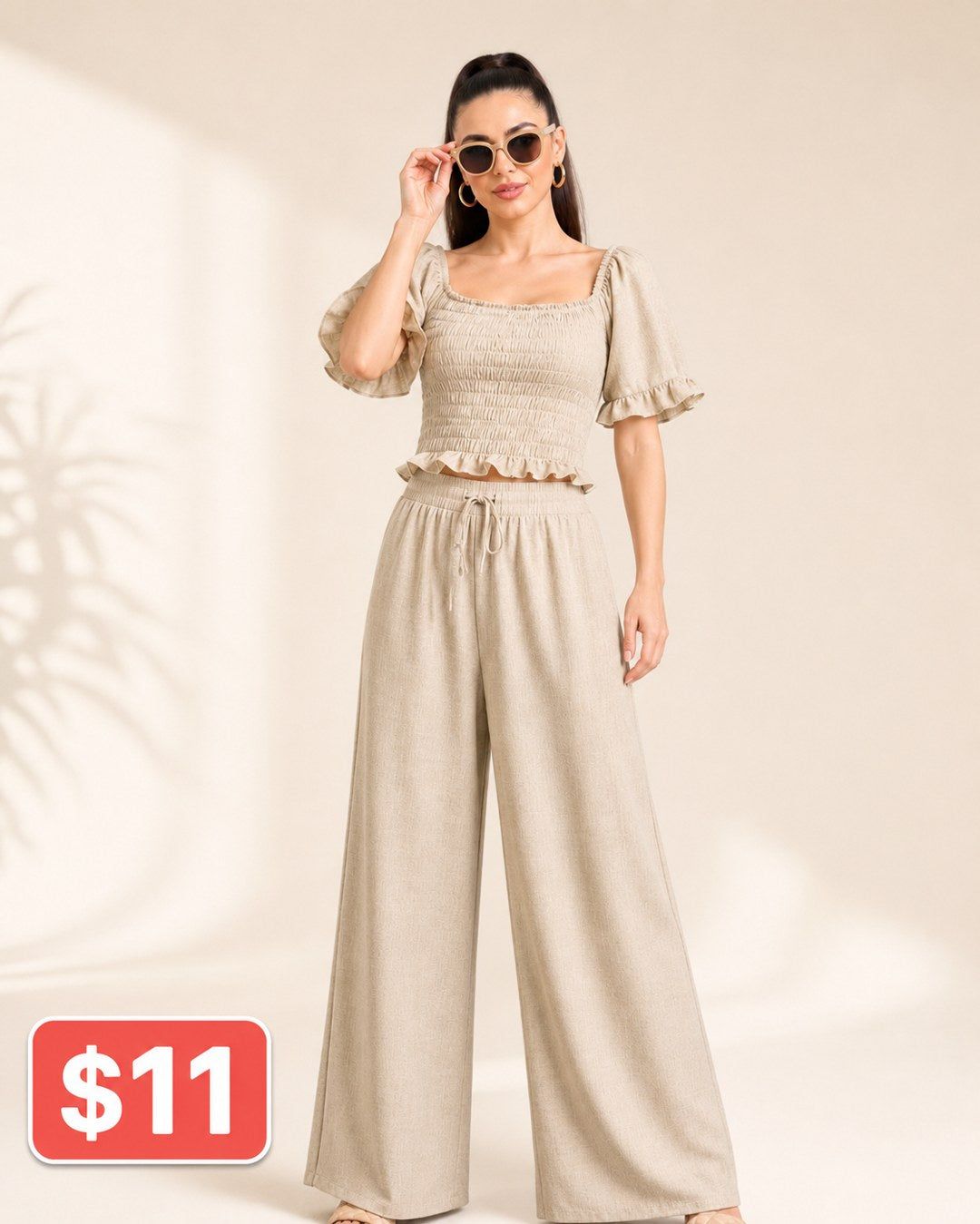 Smocked Puff-Sleeve Wide-Leg Pants Set