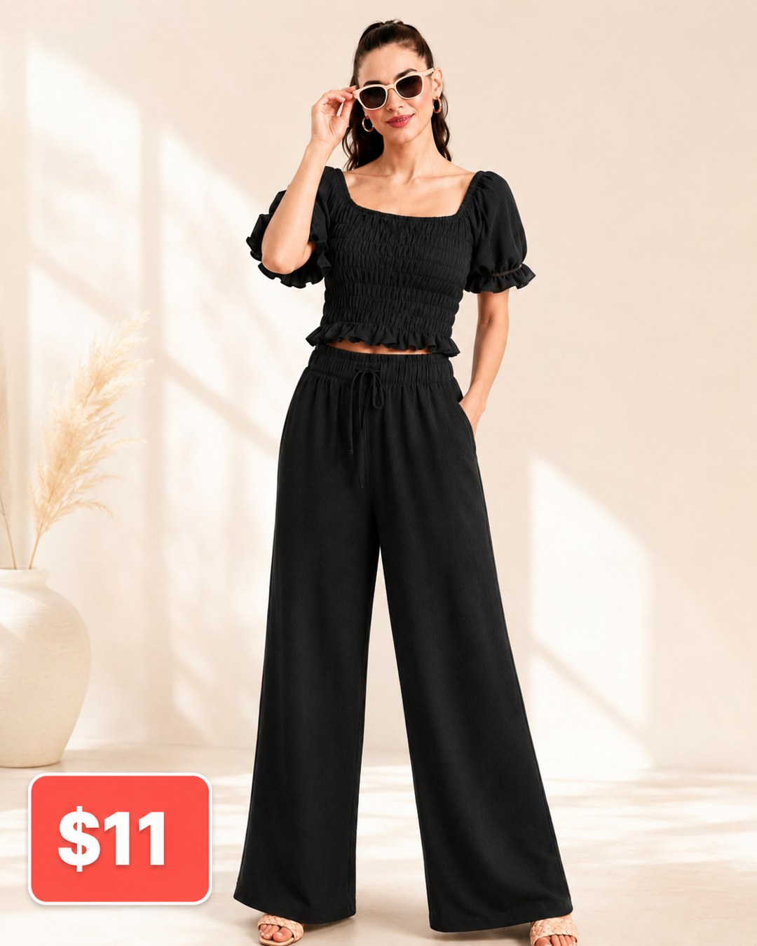 Smocked Puff-Sleeve Wide-Leg Pants Set