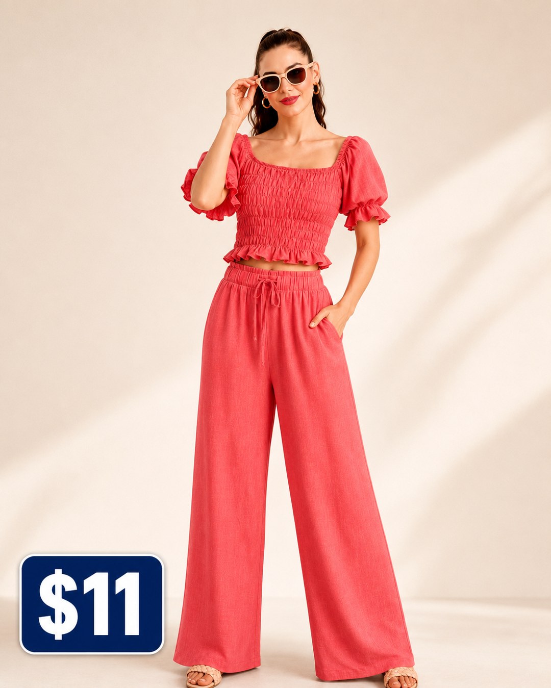 Smocked Puff-Sleeve Wide-Leg Pants Set