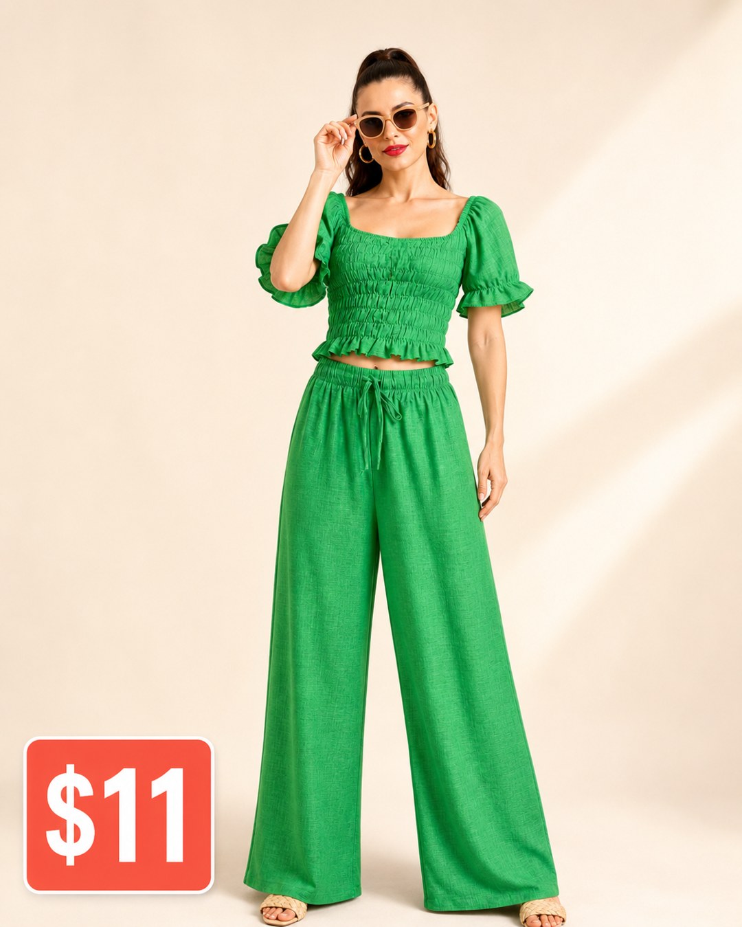 Smocked Puff-Sleeve Wide-Leg Pants Set
