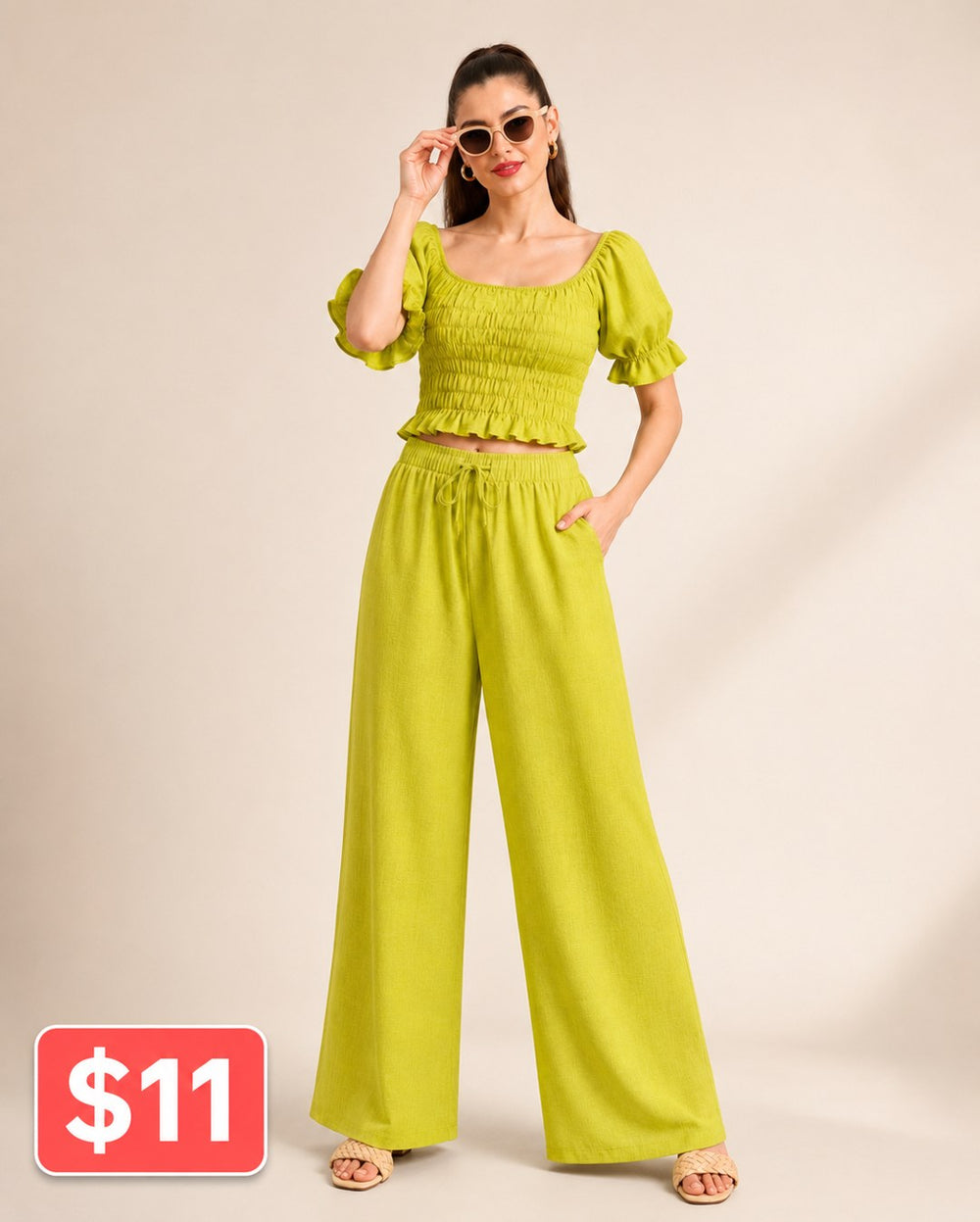 Smocked Puff-Sleeve Wide-Leg Pants Set