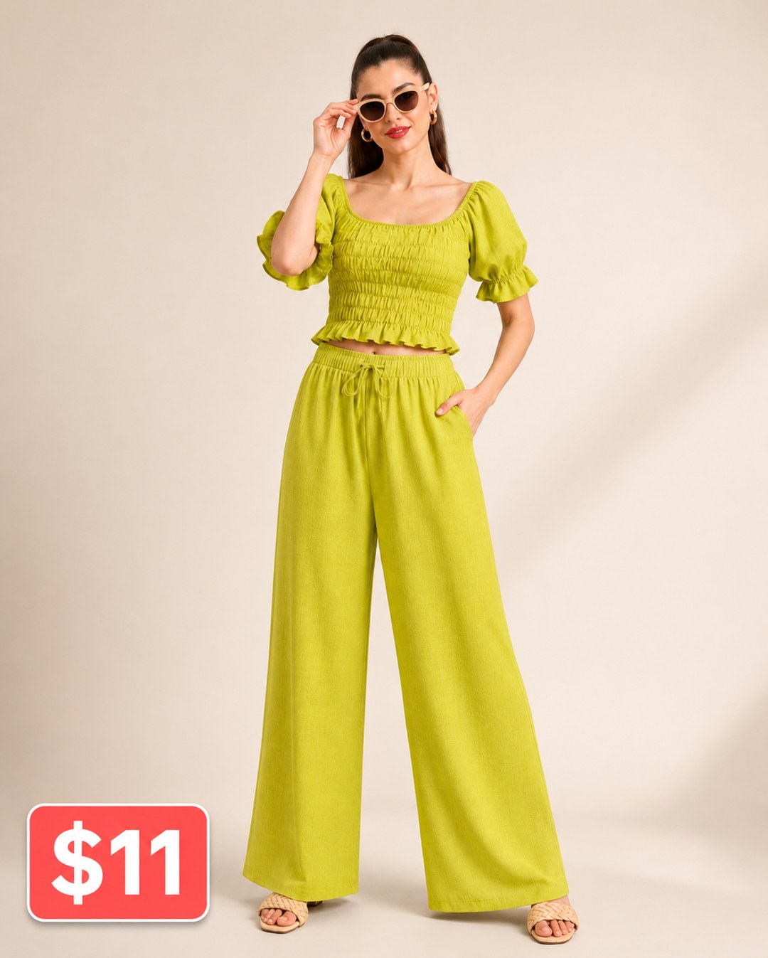Smocked Puff-Sleeve Wide-Leg Pants Set
