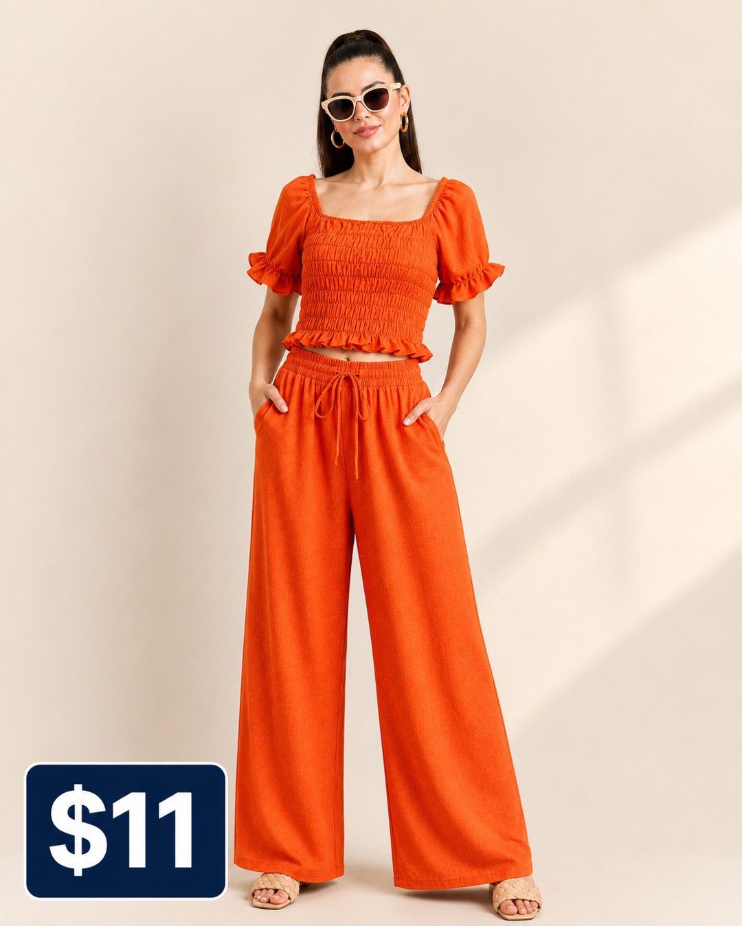 Smocked Puff-Sleeve Wide-Leg Pants Set