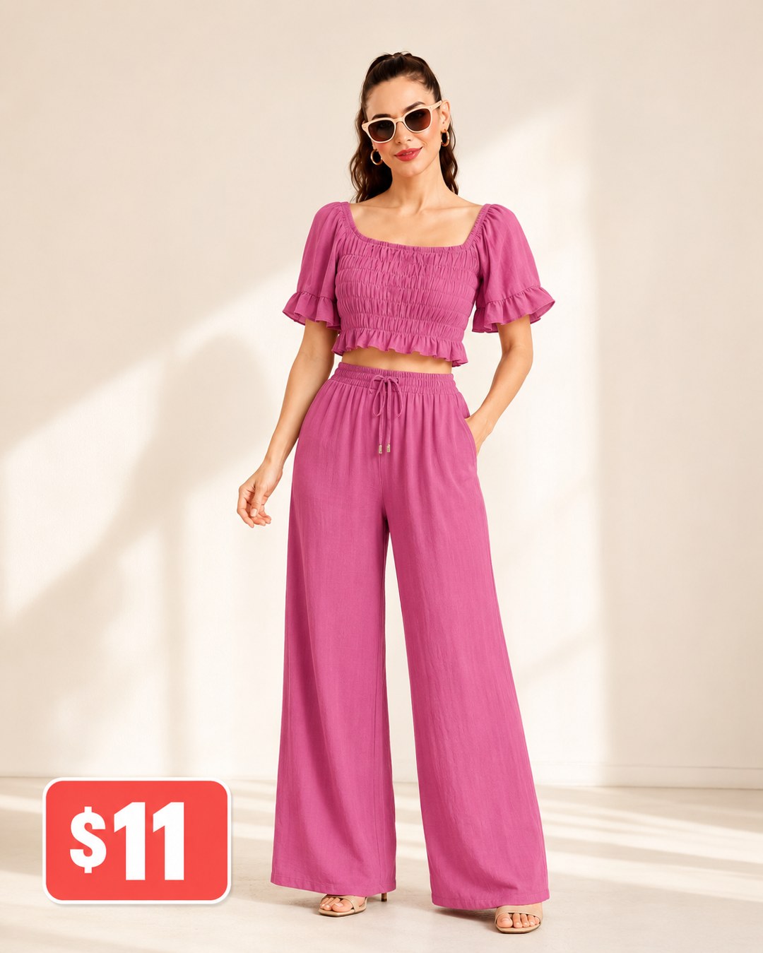 Smocked Puff-Sleeve Wide-Leg Pants Set