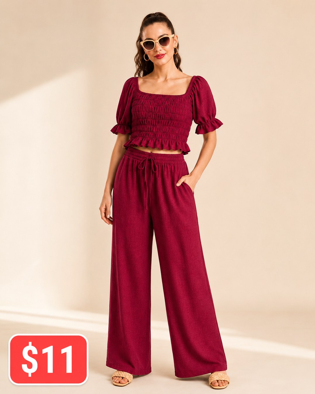 Smocked Puff-Sleeve Wide-Leg Pants Set