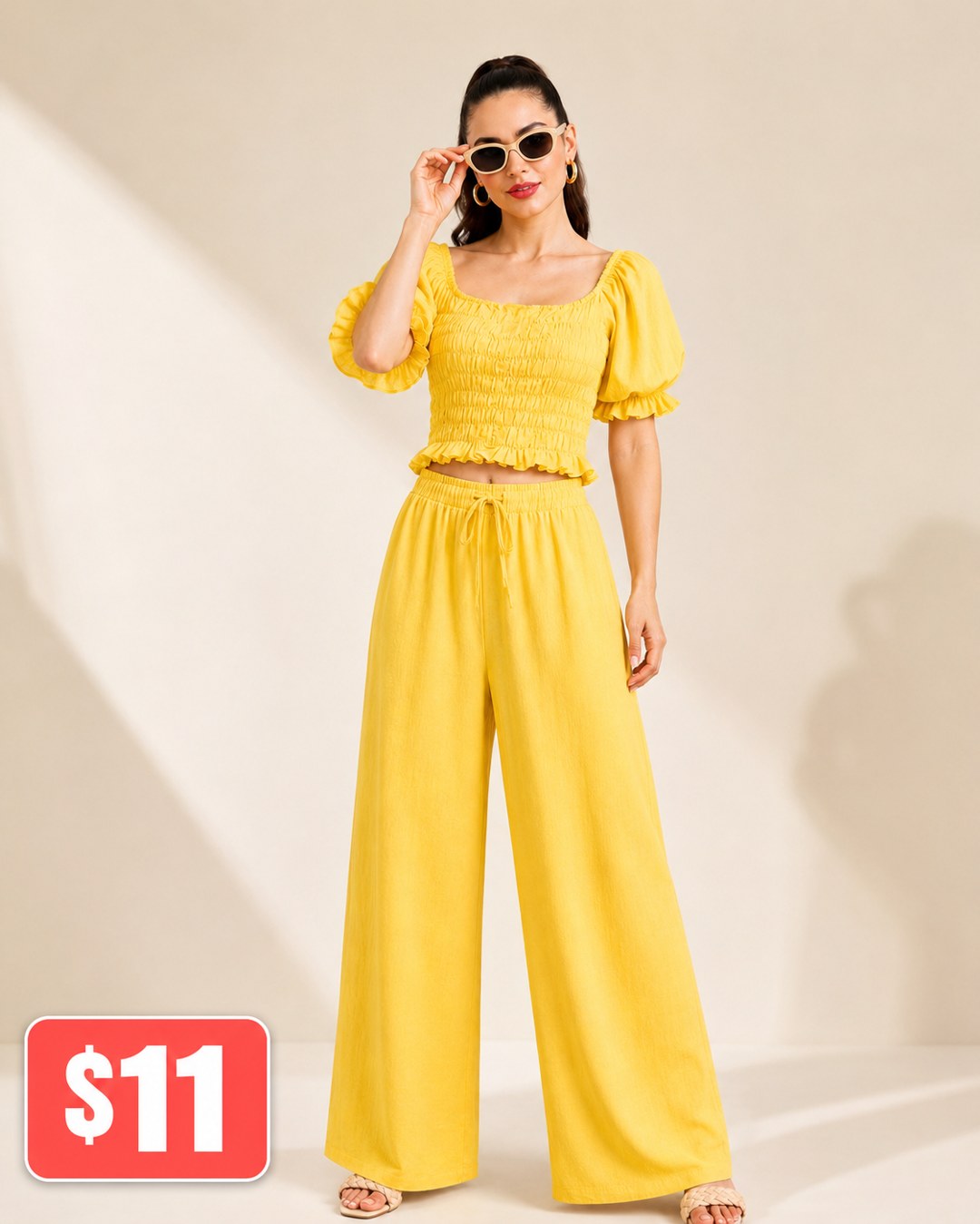 Smocked Puff-Sleeve Wide-Leg Pants Set