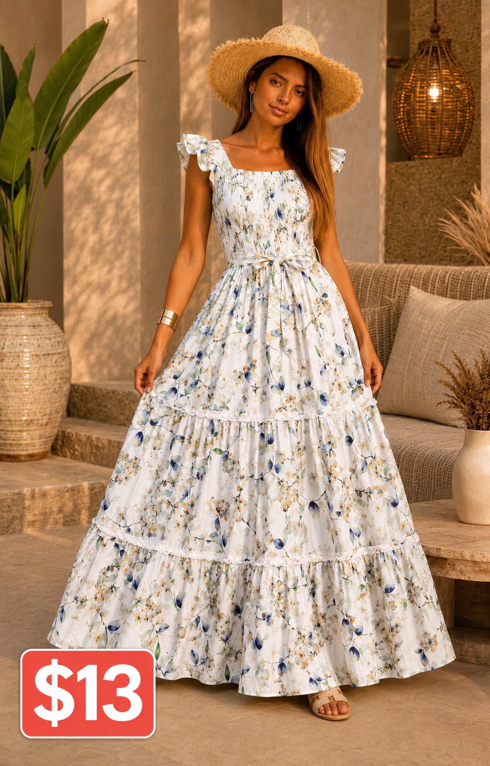 Floral Flutter-Sleeve Tiered Maxi Dress